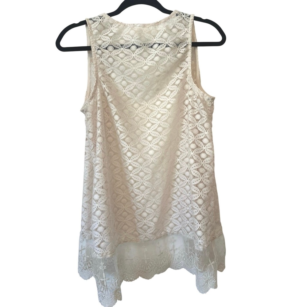 Cream Lace Sleeveless Tank Top Scalloped Hem Boho Layering Blouse Size M